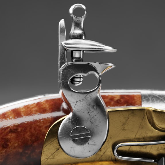 Closeup render of a flintlock pistol - from the 3D portfolio.