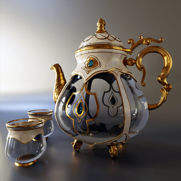 A golden-white kettle and glasses - from the 3D portfolio.