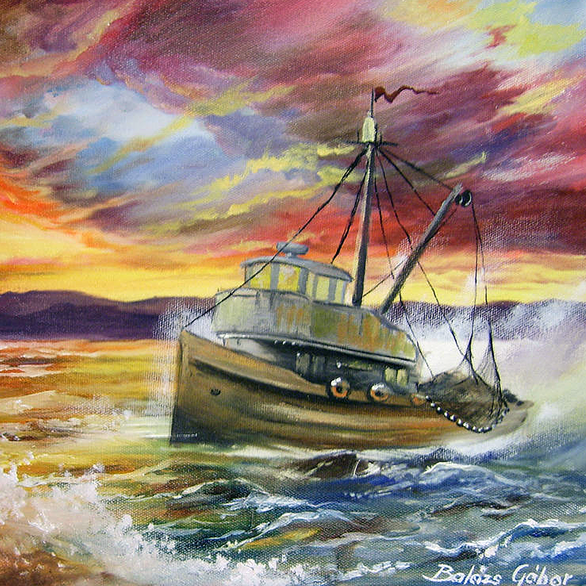 Oilpainting of a ship in the sunset - from the traditional art portfolio.