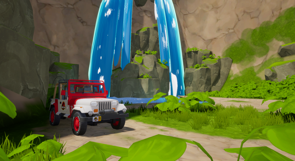 Jurassic Park 1, Helipad scene as a stylized game environment with the Jeeps